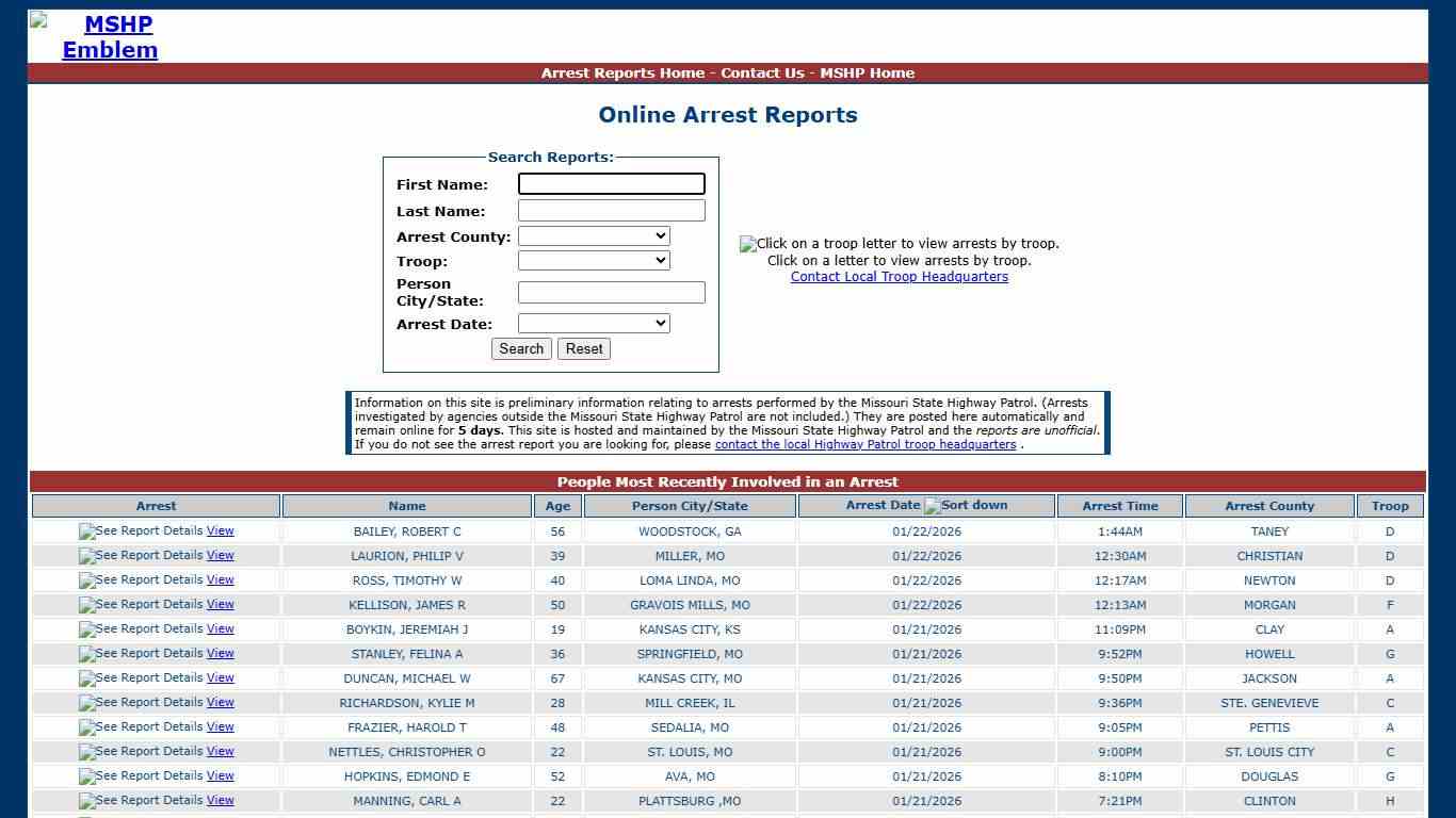 Missouri State Highway Patrol - Arrest Reports